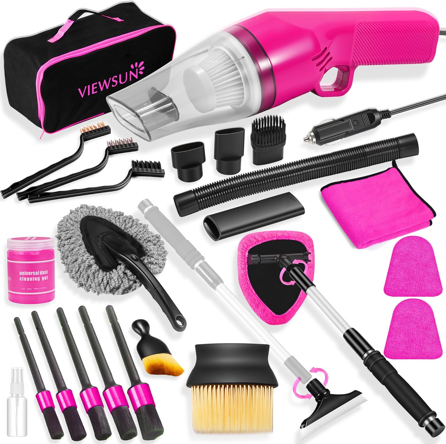 20PCS Pink Car Cleaning Kit, Car Interior Detailing Kit with Red High Power Handheld Vacuum